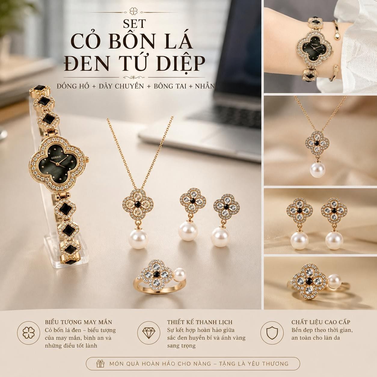 Set Cỏ Bốn Lá Đen Tứ Diệp
